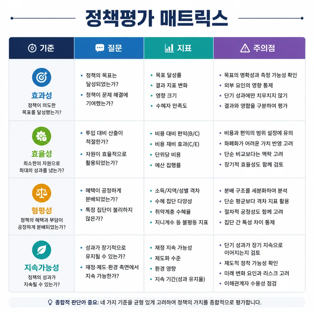 효과성 효율성 형평성 지속가능성을 비교하는 정책평가 매트릭스