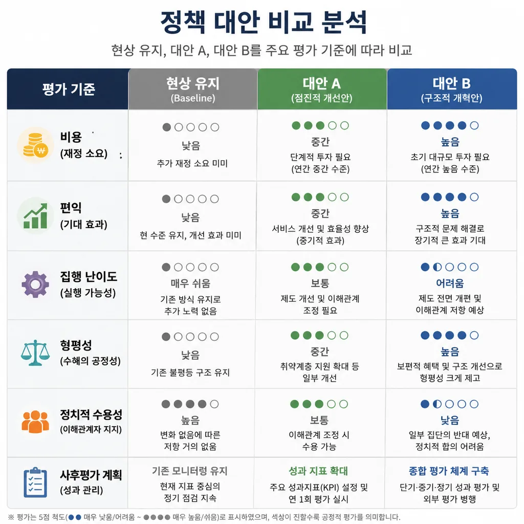 정책 대안을 비용 편익과 리스크 기준으로 비교한 표