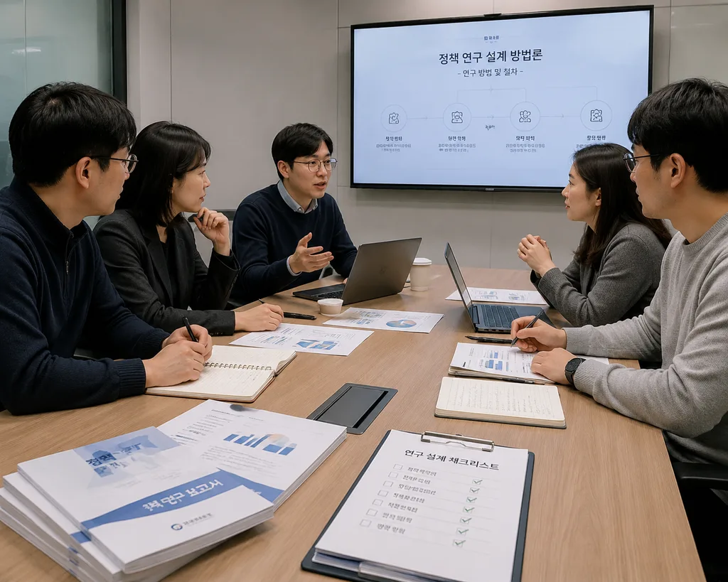 정책 연구 설계 방법을 검토하는 회의 자료와 데이터 차트