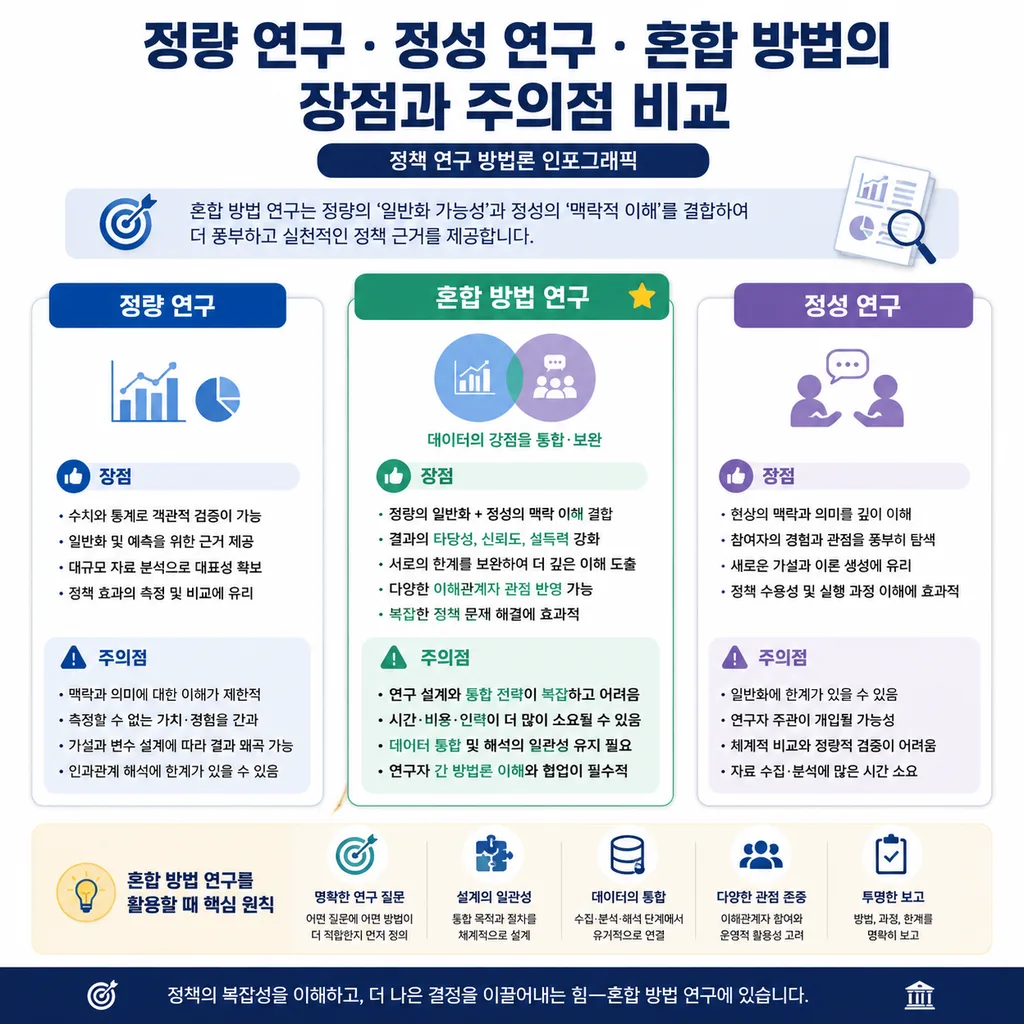 정책 연구에서 정량 정성 혼합 방법을 비교한 도표
