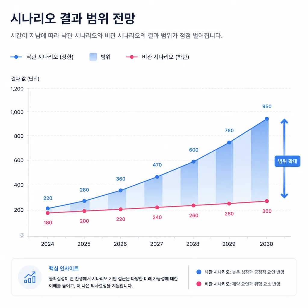 가정 변화에 따라 정책 결과 범위가 넓어지는 차트